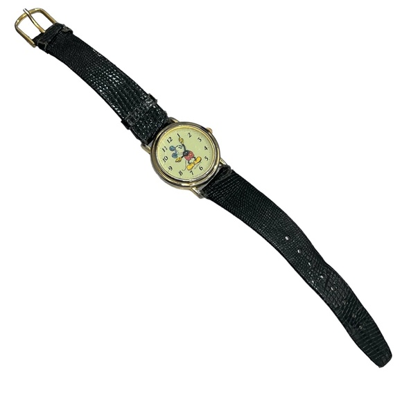 VINTAGE MICKEY MOUSE QUARTZ WATCH - GOLD TONE W YELLOW FACE KREISLER LIZARD BAND - Picture 4 of 11